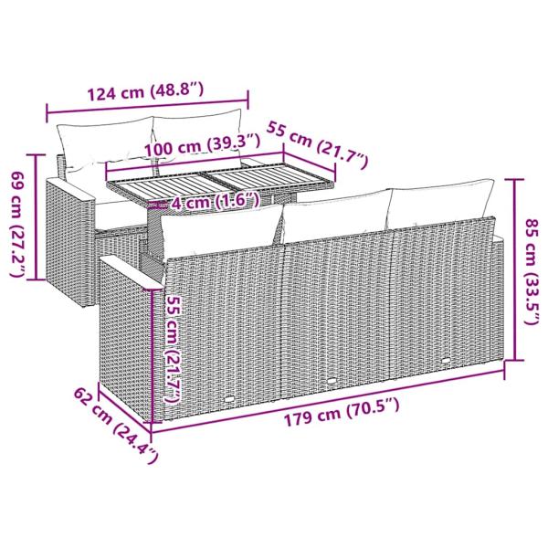 6-tlg. Garten-Sofagarnitur mit Kissen Grau Poly Rattan Akazie