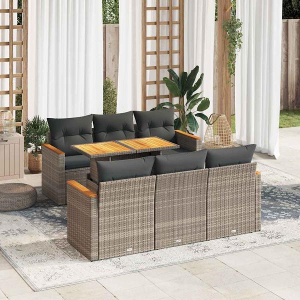 ARDEBO.de - 7-tlg. Garten-Sofagarnitur mit Kissen Grau Poly Rattan Akazie