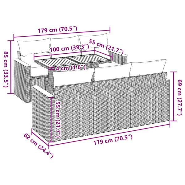 7-tlg. Garten-Sofagarnitur mit Kissen Grau Poly Rattan Akazie