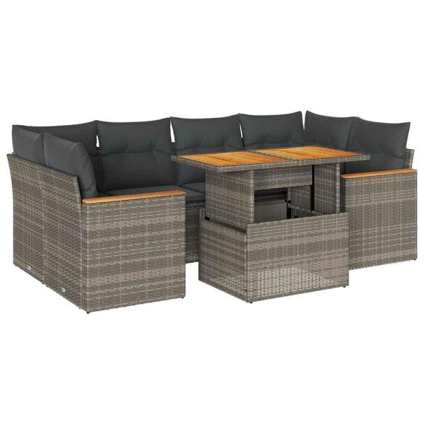 6-tlg. Garten-Sofagarnitur mit Kissen Grau Poly Rattan Akazie