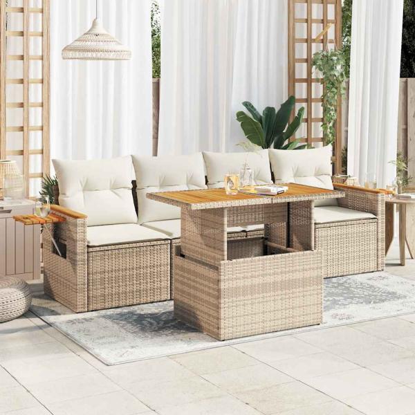 ARDEBO.de - 5-tlg. Garten-Sofagarnitur mit Kissen Beige Poly Rattan Akazie
