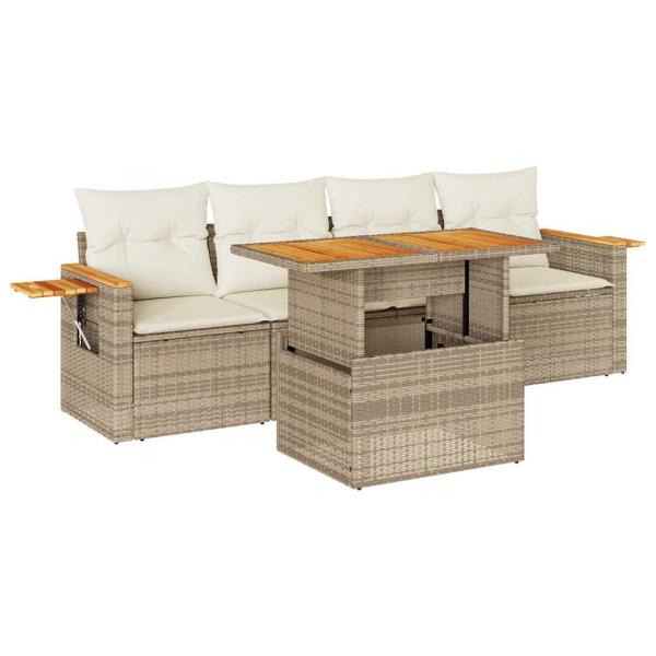 5-tlg. Garten-Sofagarnitur mit Kissen Beige Poly Rattan Akazie