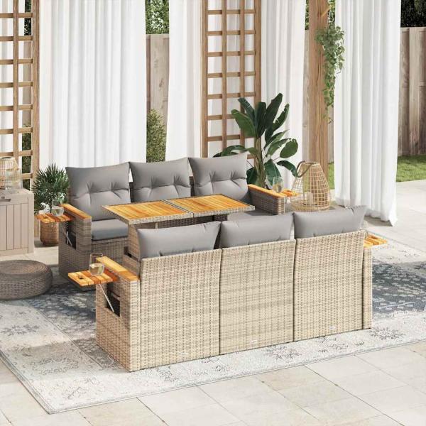 ARDEBO.de - 7-tlg. Garten-Sofagarnitur mit Kissen Beige Poly Rattan Akazie