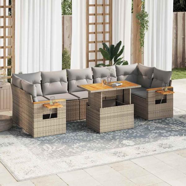 ARDEBO.de - 8-tlg. Garten-Sofagarnitur mit Kissen Beige Poly Rattan Akazie