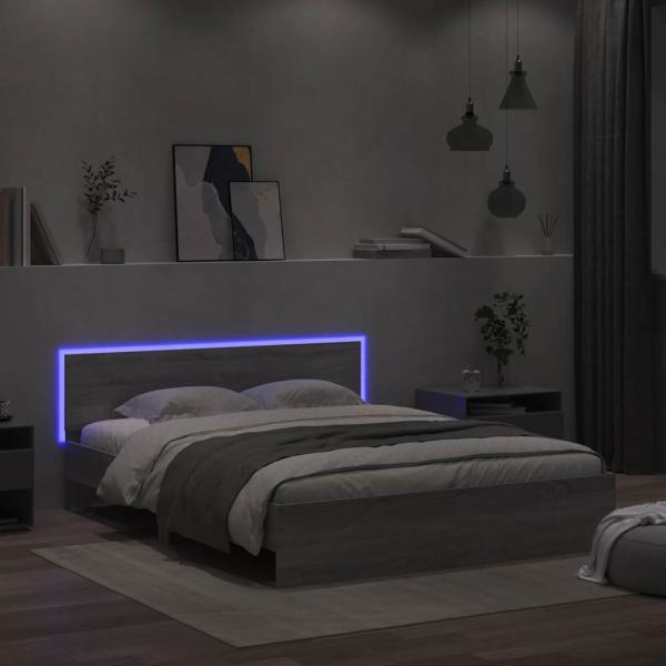 Bettgestell mit Kopfteil LED-Beleuchtung Grau Sonoma 150x200 cm