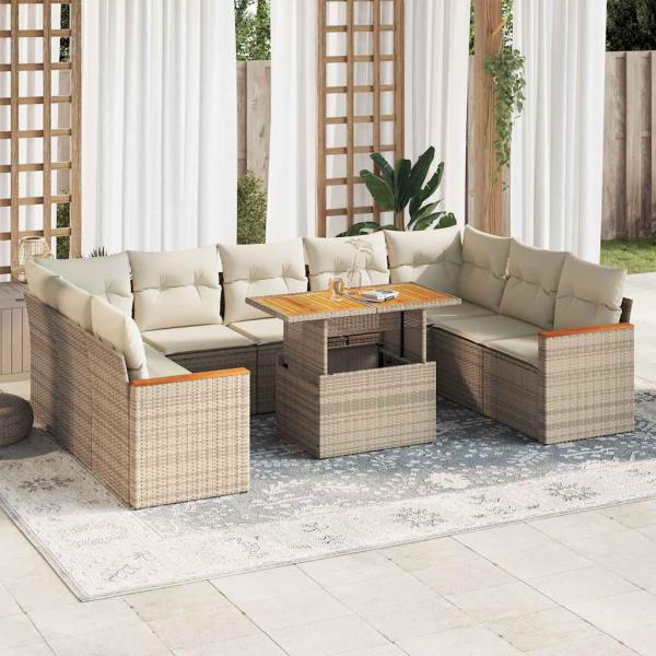 ARDEBO.de - 10-tlg. Garten-Sofagarnitur mit Kissen Beige Poly Rattan Akazie