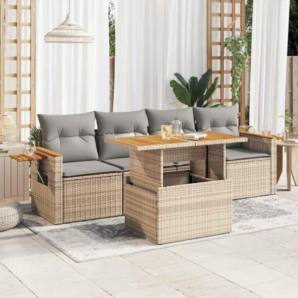 ARDEBO.de - 5-tlg. Garten-Sofagarnitur mit Kissen Beige Poly Rattan Akazie