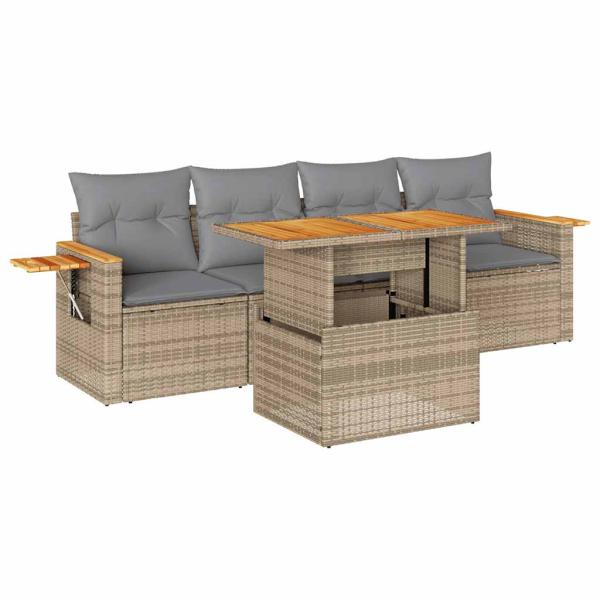 5-tlg. Garten-Sofagarnitur mit Kissen Beige Poly Rattan Akazie