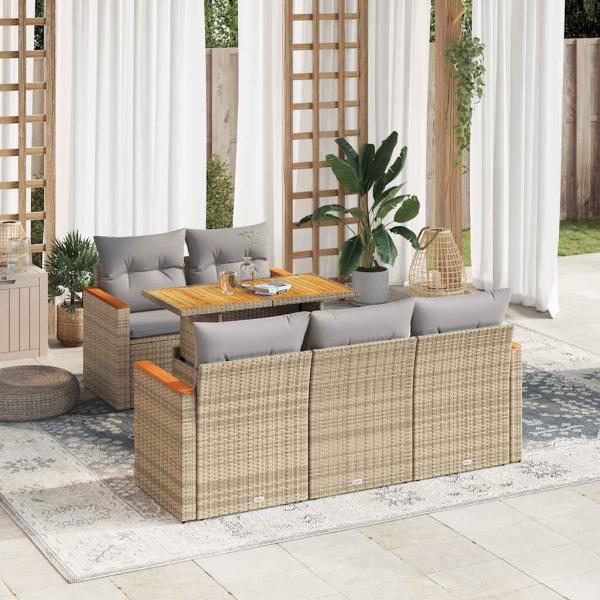 ARDEBO.de - 6-tlg. Garten-Sofagarnitur mit Kissen Beige Poly Rattan Akazie