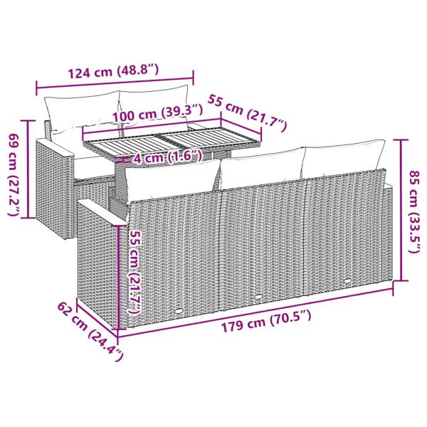 6-tlg. Garten-Sofagarnitur mit Kissen Beige Poly Rattan Akazie