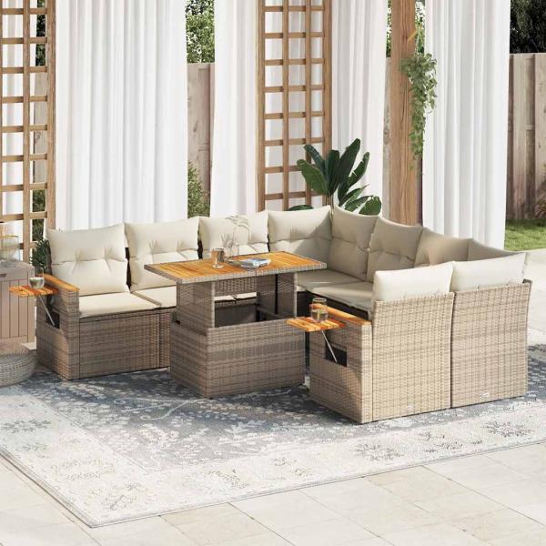 ARDEBO.de - 9-tlg. Garten-Sofagarnitur mit Kissen Beige Poly Rattan Akazie