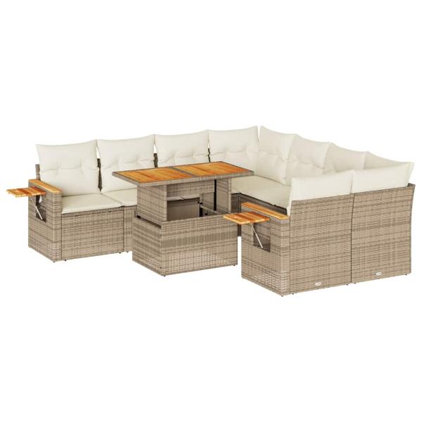 9-tlg. Garten-Sofagarnitur mit Kissen Beige Poly Rattan Akazie