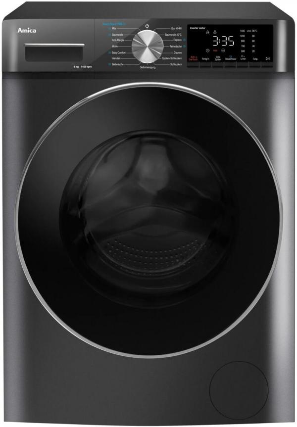 Amica WA 484 085 G 8kg Frontlader Waschmaschine, 60 cm breit, 1400 U/Min, AquaStop, LED-Display, AutoSensor Mengenautomatik, Kindersicherung, dunkelgrau (1194934)