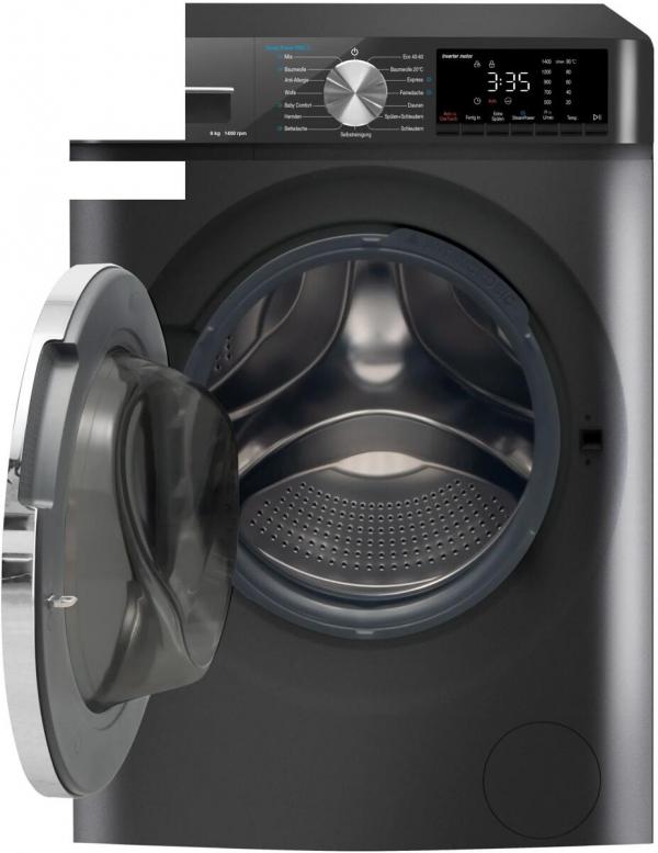 Amica WA 484 085 G 8kg Frontlader Waschmaschine, 60 cm breit, 1400 U/Min, AquaStop, LED-Display, AutoSensor Mengenautomatik, Kindersicherung, dunkelgrau (1194934)