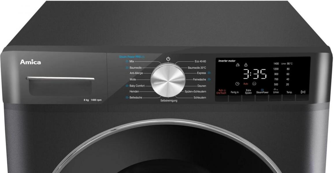 Amica WA 484 085 G 8kg Frontlader Waschmaschine, 60 cm breit, 1400 U/Min, AquaStop, LED-Display, AutoSensor Mengenautomatik, Kindersicherung, dunkelgrau (1194934)