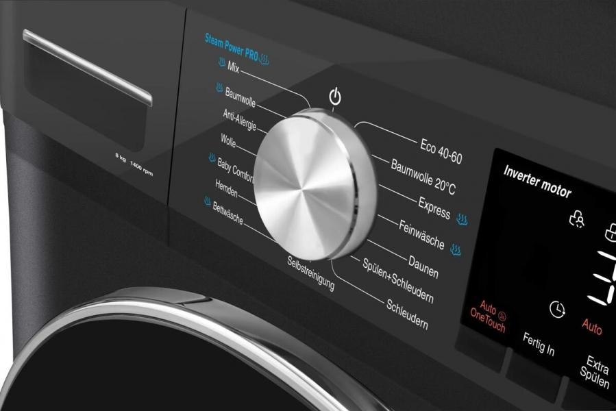 Amica WA 484 085 G 8kg Frontlader Waschmaschine, 60 cm breit, 1400 U/Min, AquaStop, LED-Display, AutoSensor Mengenautomatik, Kindersicherung, dunkelgrau (1194934)