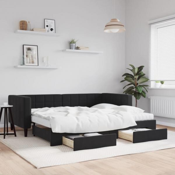 ARDEBO.de - Tagesbett Ausziehbar mit Schubladen Schwarz 90x190 cm Samt