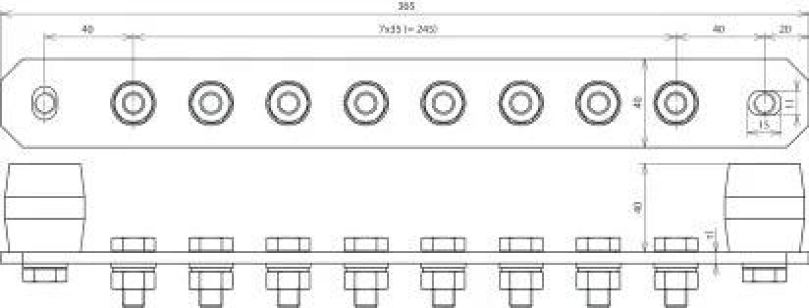 Dehn PAS I 8AP M10 Potentialausgleichsschiene, mit Federring, 8polig, 365 x 40 x 6 mm, V2A (472229)