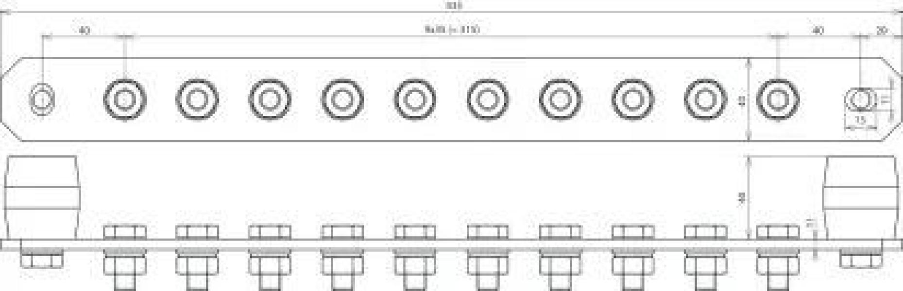 Dehn PAS I 10AP M10 Potentialausgleichsschiene, mit Federring, 10polig, 435 x 40 x 6 mm, V2A (472219)