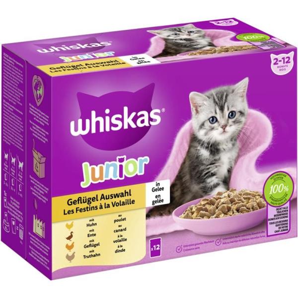 ARDEBO.de Whiskas Portionsbeutel Multipack Junior Geflügel Auswahl in Gelee 12 x 85g