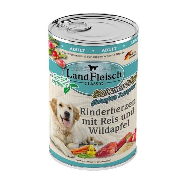 ARDEBO.de Landfleisch Dog Classic Rinderherzen mit Reis, Wildapfel & Gartengemüse 400g