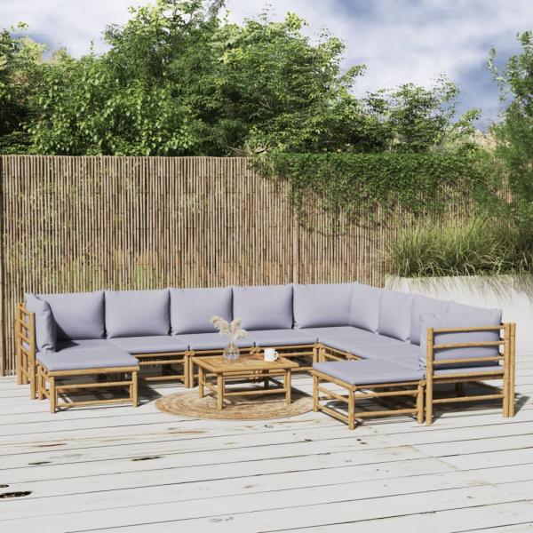 ARDEBO.de - 11-tlg. Garten-Lounge-Set mit Hellgrauen Kissen Bambus