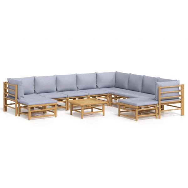 11-tlg. Garten-Lounge-Set mit Hellgrauen Kissen Bambus