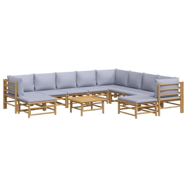 11-tlg. Garten-Lounge-Set mit Hellgrauen Kissen Bambus