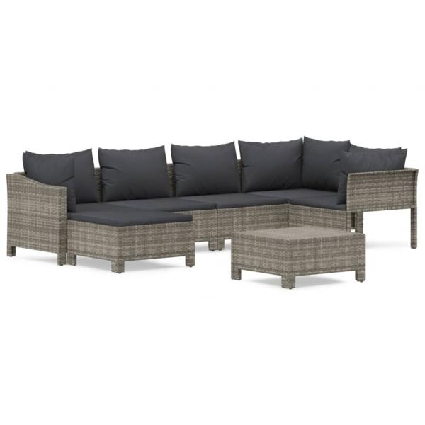 7-tlg. Garten-Lounge-Set mit Kissen Grau Poly Rattan