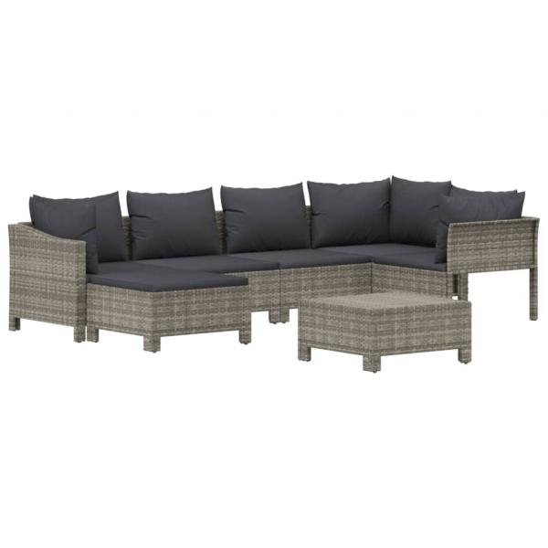 7-tlg. Garten-Lounge-Set mit Kissen Grau Poly Rattan