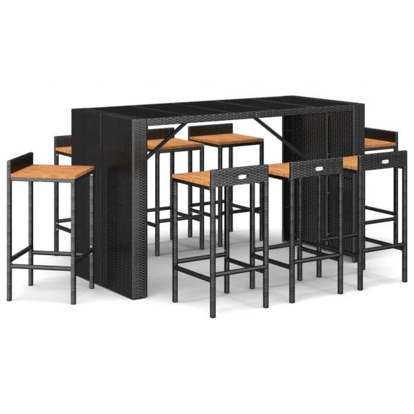 9-tlg. Gartenbar-Set Schwarz Poly Rattan & Massivholz Akazie