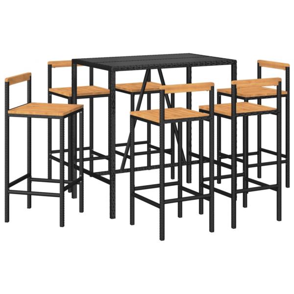 7-tlg. Gartenbar-Set Schwarz Poly Rattan & Massivholz Akazie