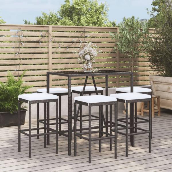 ARDEBO.de - 7-tlg. Gartenbar-Set mit Kissen Schwarz Poly Rattan