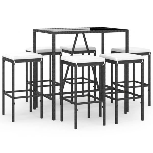 7-tlg. Gartenbar-Set mit Kissen Schwarz Poly Rattan