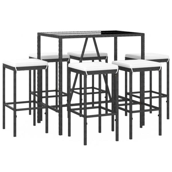 7-tlg. Gartenbar-Set mit Kissen Schwarz Poly Rattan
