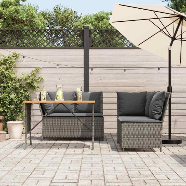 3-tlg. Garten-Sofagarnitur mit Kissen Grau Poly Rattan