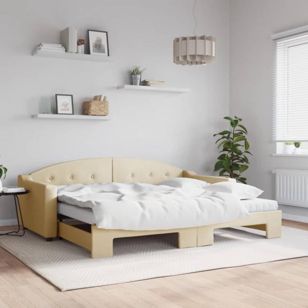 ARDEBO.de - Tagesbett Ausziehbar mit Matratzen Creme 90x200 cm Stoff