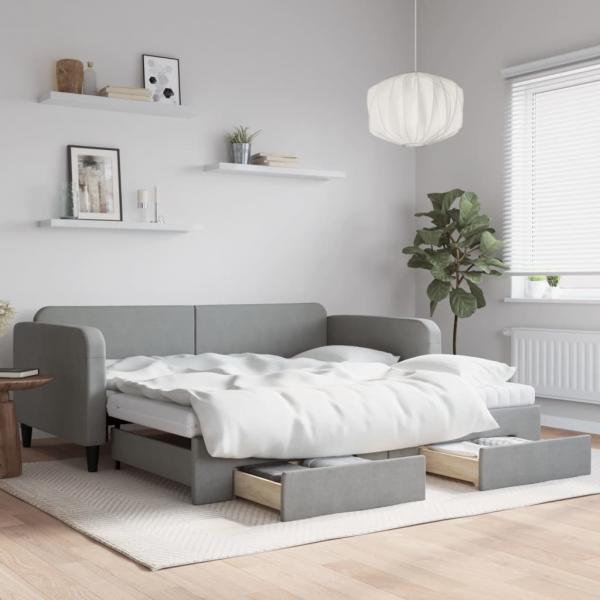 ARDEBO.de - Tagesbett Ausziehbar mit Schubladen Hellgrau 100x200 cm Stoff
