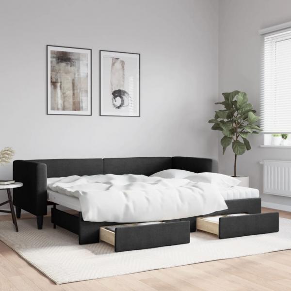 ARDEBO.de - Tagesbett Ausziehbar mit Schubladen Schwarz 80x200 cm Stoff