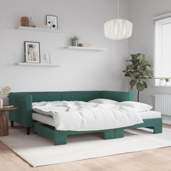 ARDEBO.de - Tagesbett Ausziehbar mit Matratzen Dunkelgrün 100x200 cm Samt