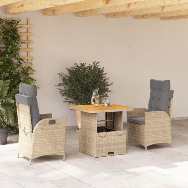 ARDEBO.de - 3-tlg. Garten-Essgruppe mit Kissen Beige Poly Rattan
