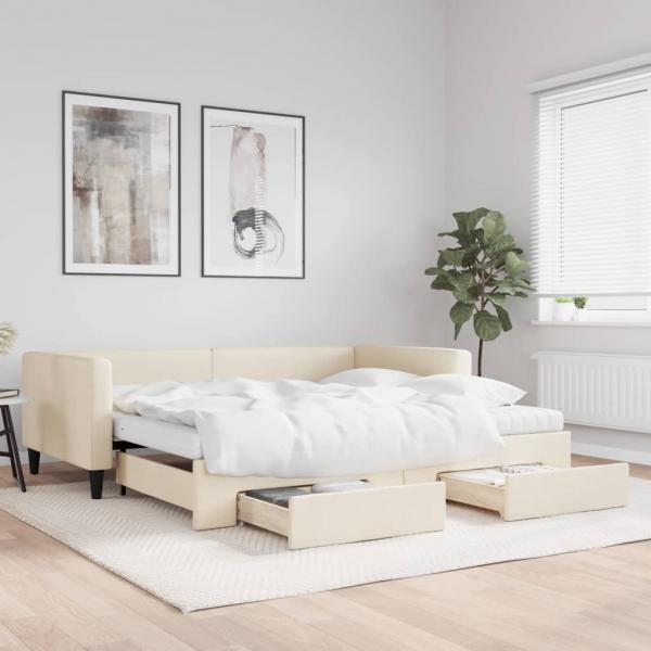 ARDEBO.de - Tagesbett Ausziehbar mit Schubladen Creme 100x200 cm Stoff