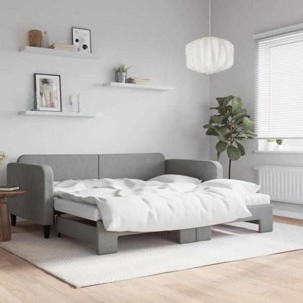 ARDEBO.de - Tagesbett Ausziehbar mit Matratze Hellgrau 100x200 cm Stoff