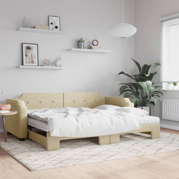 ARDEBO.de - Tagesbett Ausziehbar mit Matratzen Creme 100x200 cm Stoff