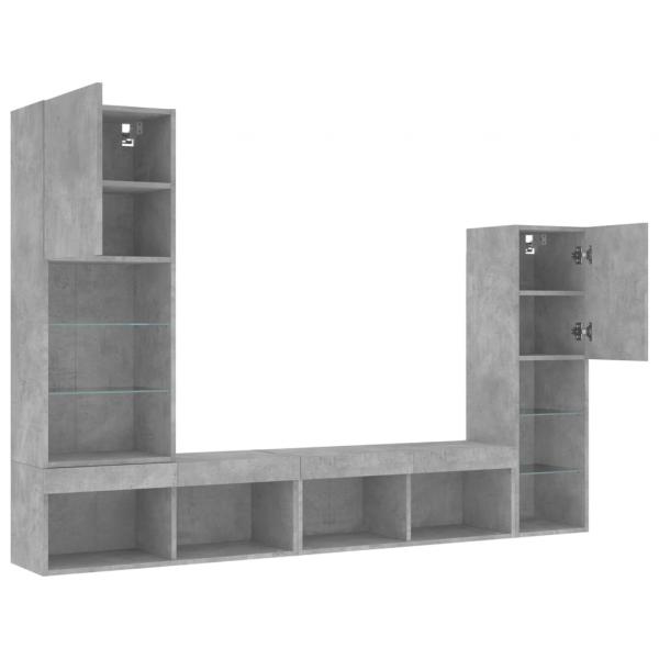 4-tlg. Wohnwand mit LED-Beleuchtung Betongrau Holzwerkstoff