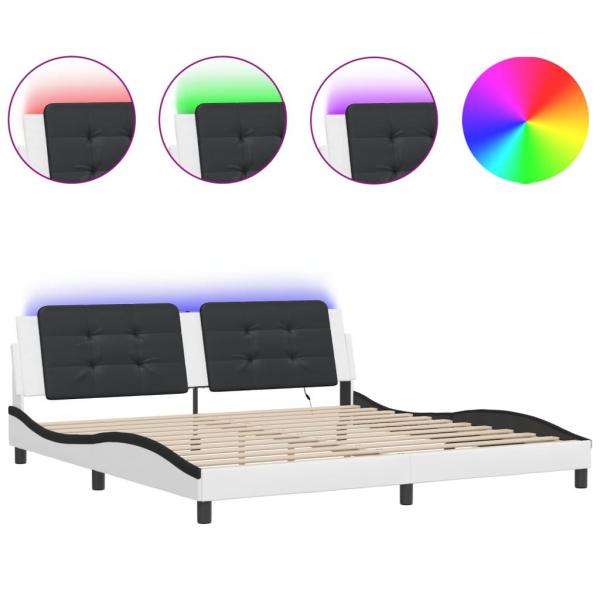 Bettgestell mit LED Weiß und Schwarz 200x200 cm Kunstleder