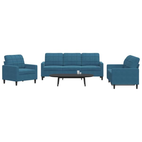 ARDEBO.de - 3-tlg. Sofagarnitur mit Kissen Blau Samt