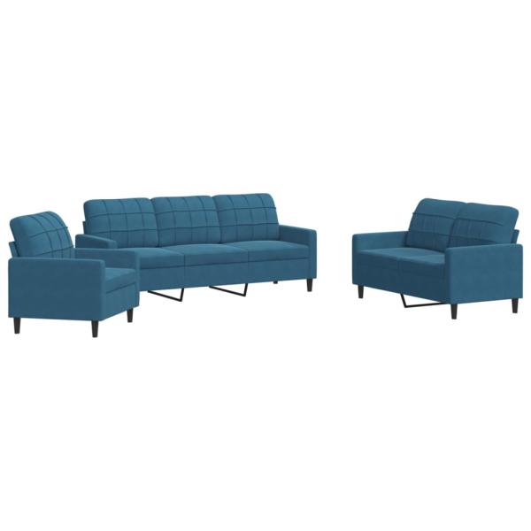 3-tlg. Sofagarnitur mit Kissen Blau Samt