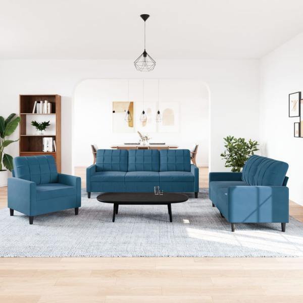 3-tlg. Sofagarnitur mit Kissen Blau Samt