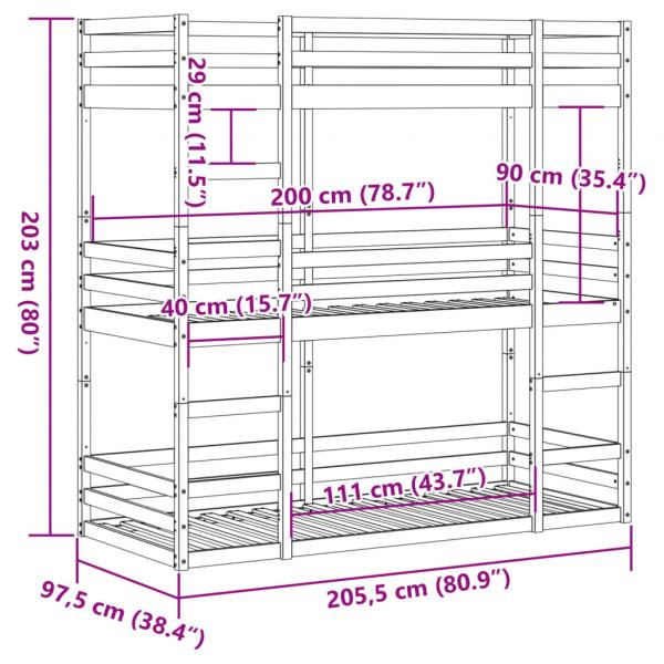 Dreifach-Etagenbett Wachsbraun 90x200 cm Massivholz Kiefer